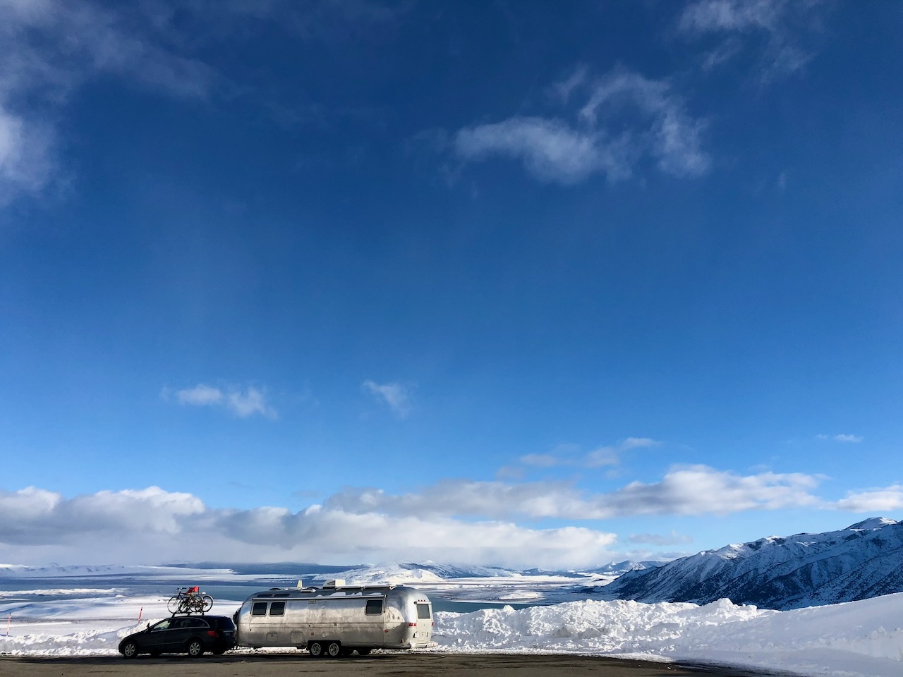 Airstream in snowy mountains